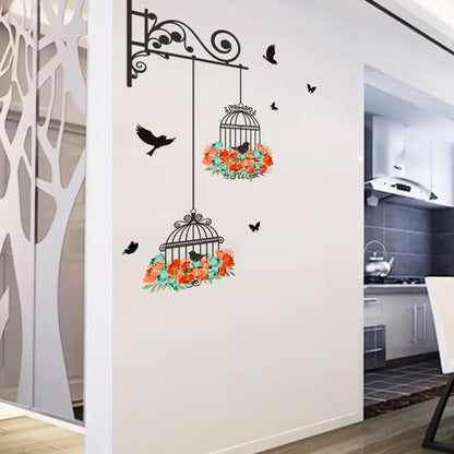 Colorful Flower birdcage flying birds wall sticker Creative home decor living room