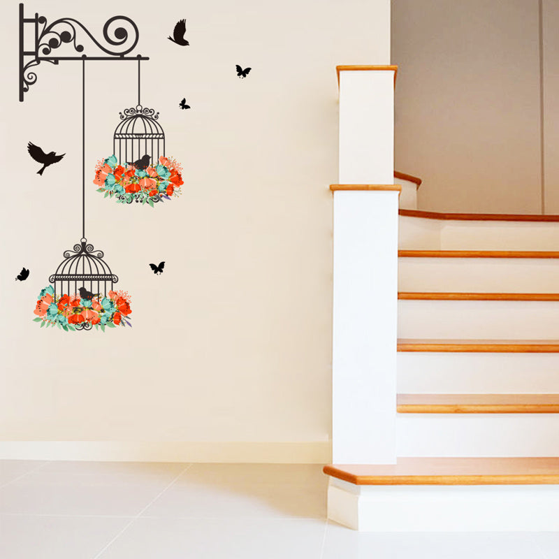 Colorful Flower birdcage flying birds wall sticker Creative home decor living room