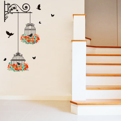 Colorful Flower birdcage flying birds wall sticker Creative home decor living room