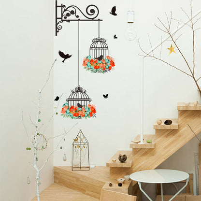 Colorful Flower birdcage flying birds wall sticker Creative home decor living room